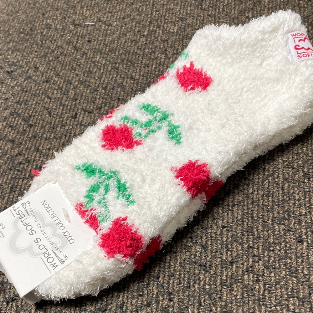 Worlds Softest Cozy White Fuzzy Cherry Socks